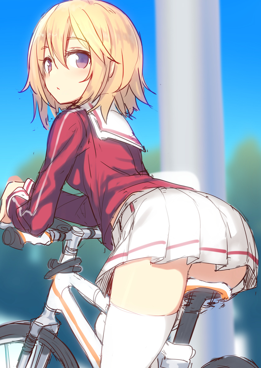 absurdres ass bicycle blurry blush brown_hair cowboy_shot day depth_of_field eyebrows eyebrows_visible_through_hair from_behind ground_vehicle hair_between_eyes highres hiraga_matsuri leaning_forward looking_at_viewer looking_back original pole purple_eyes school_uniform short_hair sketch skirt sky solo thighhighs white_legwear zettai_ryouiki