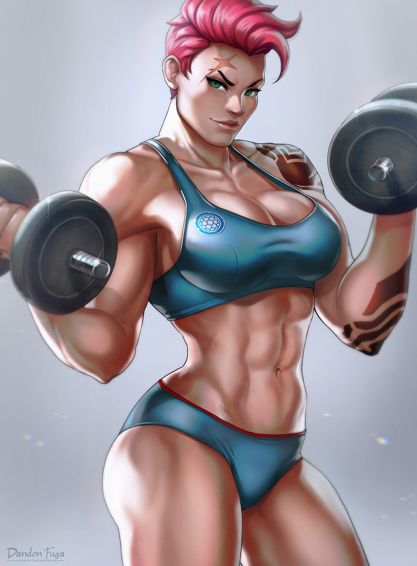 abs absurdres barbell bottomless breasts cleavage dandon_fuga dark_skin green_eyes highres large_breasts legs looking_at_viewer muscle muscular_female navel overwatch pink_hair scar short_hair solo sports_bikini tan tanline tattoo thighs zarya_(overwatch)