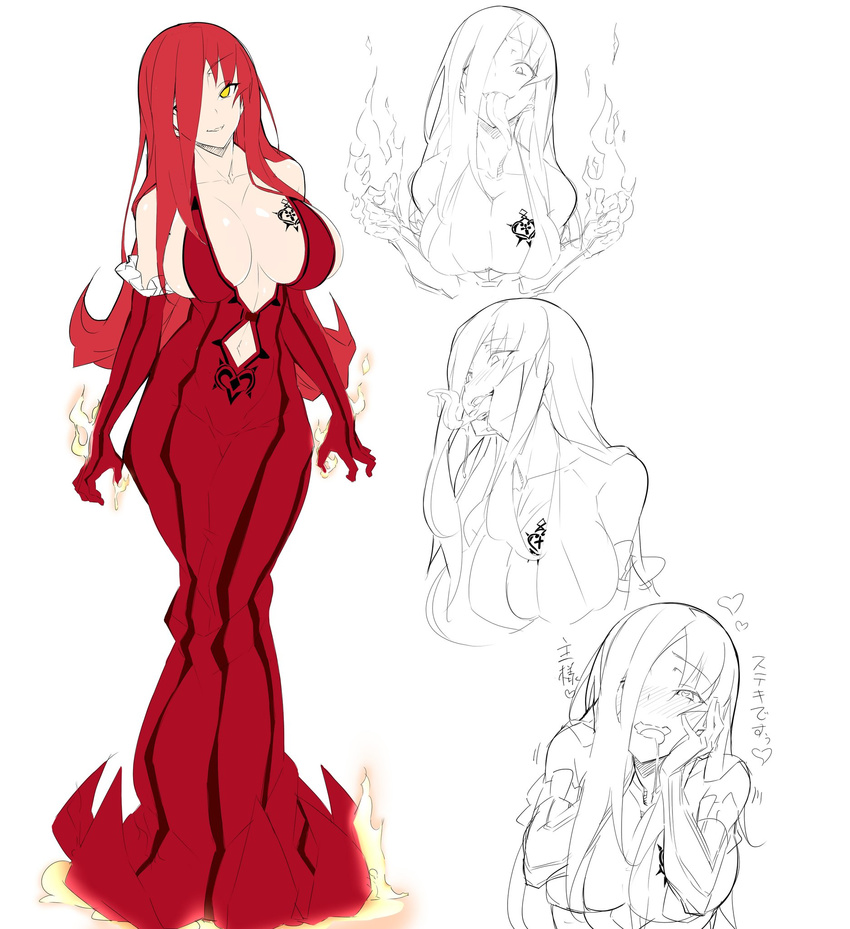 1girl bare_shoulders breasts character_request character_sheet cleavage concept_art curvy dress female fire full_body large_breasts long_hair looking_at_viewer naughty_face nipples potion_(moudamepo) red_hair saliva shiny_skin sideboob sketch taimanin_asagi_battle_arena tattoo tongue tongue_out yellow_eyes
