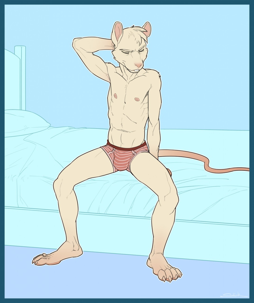 anthro armpits bed biscuit_(character) boxer_briefs bulge clothed clothing eyes_closed hand_behind_head hi_res male mammal pillow rat rodent sitting solo spread_legs spreading superslickslasher topless underwear