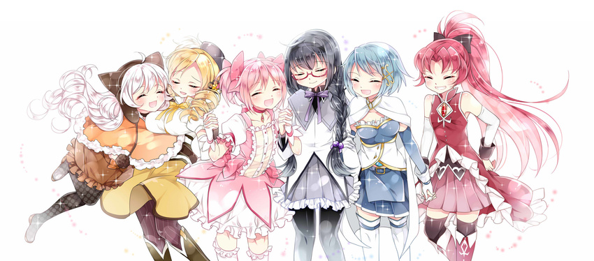 akemi_homura animal_hat ayumaru_(art_of_life) bare_shoulders beanie black_hair black_legwear blonde_hair blue_hair braid cape closed_eyes detached_sleeves drill_hair everyone friends glasses gloves grin hair_ornament hairclip happy hat high_ponytail highres holding_hands hug interlocked_fingers jumping kaname_madoka long_hair mahou_shoujo_madoka_magica mahou_shoujo_madoka_magica_movie miki_sayaka momoe_nagisa multiple_girls pantyhose petticoat pink_hair pleated_skirt polka_dot polka_dot_legwear ponytail red-framed_eyewear red_hair sakura_kyouko semi-rimless_eyewear short_hair skirt smile sparkle striped striped_legwear thighhighs tomoe_mami twin_braids twintails under-rim_eyewear vertical-striped_legwear vertical_stripes very_long_hair white_background white_gloves white_hair zettai_ryouiki