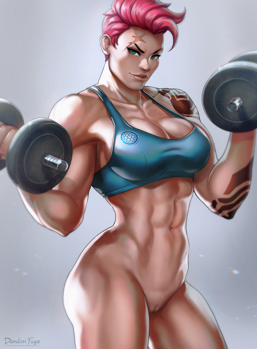 abs absurdres barbell bottomless breasts cleavage dandon_fuga dark_skin green_eyes highres large_breasts legs looking_at_viewer muscle muscular_female navel overwatch pink_hair pussy scar short_hair solo sports_bikini tan tanline tattoo thighs uncensored zarya_(overwatch)