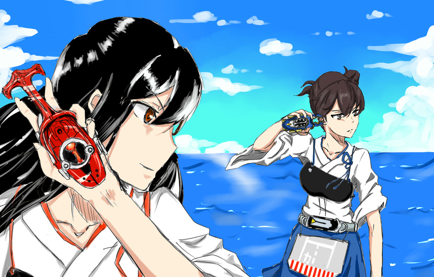 akagi_(kantai_collection) black_hair brown_eyes brown_hair cloud cloudy_sky commentary crossover day dlewdjuice eyebrows eyebrows_visible_through_hair gatack_zecter hair_between_eyes hakama henshin_pose japanese_clothes kabuto_zecter kaga_(kantai_collection) kamen_rider kamen_rider_gatack kamen_rider_kabuto kamen_rider_kabuto_(series) kantai_collection long_hair multiple_girls muneate ocean outdoors parody pose red_eyes rider_belt short_sidetail sky smile