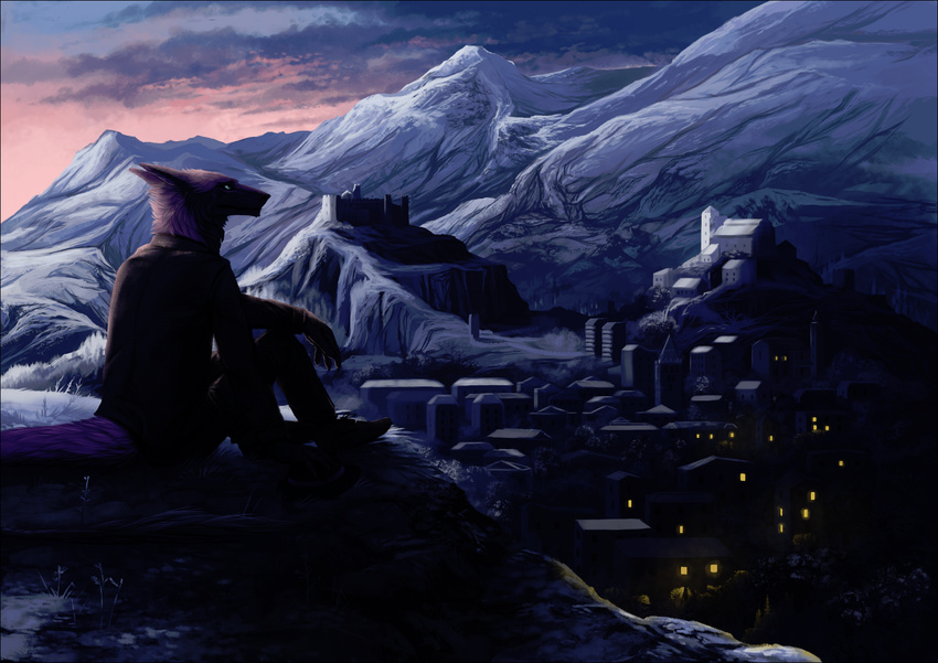 black_fur blue_eyes building castle city clothing cloud dark detailed_background dusk footwear fur hat house light lootz male mountain oneminutesketch outside purple_fur sergal shadow shoes sitting sky snow solo suit window winter