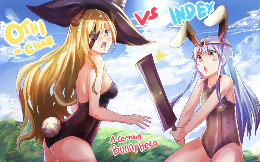 :o absurdres animal_ears ass ass_visible_through_thighs bare_legs blonde_hair blue_hair blush blush_stickers breasts bunny_ears bunnysuit character_name cloud day english eyepatch green_eyes hat highres index julioalqae large_breasts long_hair multiple_girls othinus sideboob thighs title_parody to_aru_majutsu_no_index to_aru_majutsu_no_index:_new_testament v-shaped_eyebrows witch_hat