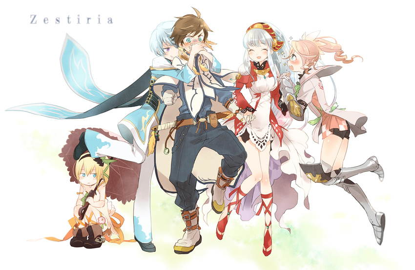 3girls alisha_diphda blonde_hair blue_hair blush brown_hair closed_eyes dress edna_(tales) grin holding_hands jusc0 lailah_(tales) long_hair mikleo_(tales) multiple_boys multiple_girls open_mouth purple_eyes short_hair side_ponytail smile sorey_(tales) tales_of_(series) tales_of_zestiria umbrella very_long_hair