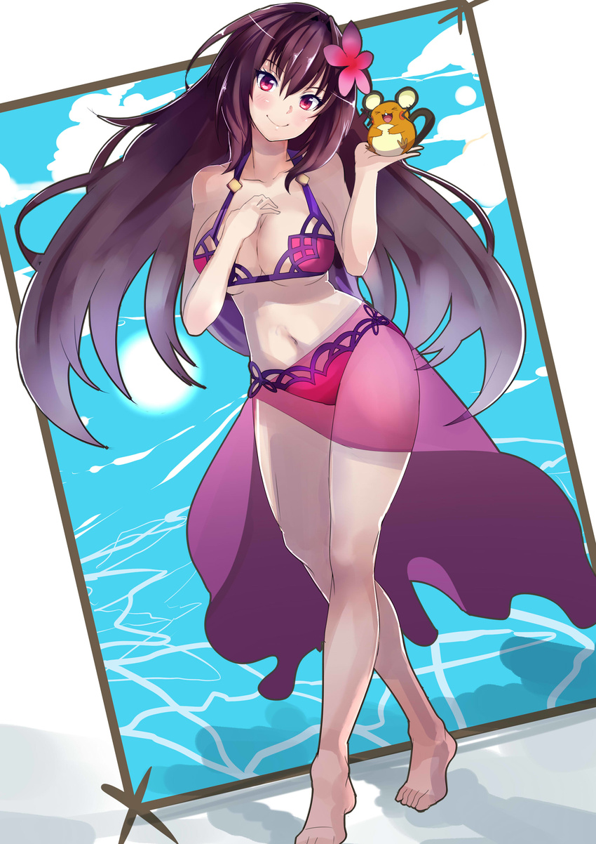 absurdres barefoot bikini blush breasts cleavage cloud dedenne dutch_angle fate/grand_order fate_(series) flower gen_6_pokemon hair_flower hair_ornament hibiscus highres julioalqae large_breasts long_hair navel pokemon pokemon_(creature) purple_hair purple_sarong red_eyes sarong scathach_(fate)_(all) scathach_(swimsuit_assassin)_(fate) smile solo swimsuit water