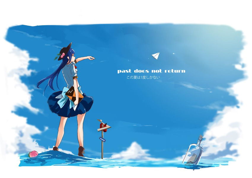 black_hat blouse blue_bow blue_dress blue_hair blue_skirt book bottle bow cloud cloudy_sky day dress english food from_behind fruit hat hinanawi_tenshi holding large_bow long_hair message_in_a_bottle peach red_eyes signpost skirt sky solo tetsurou_(fe+) touhou translated wading water white_blouse wind