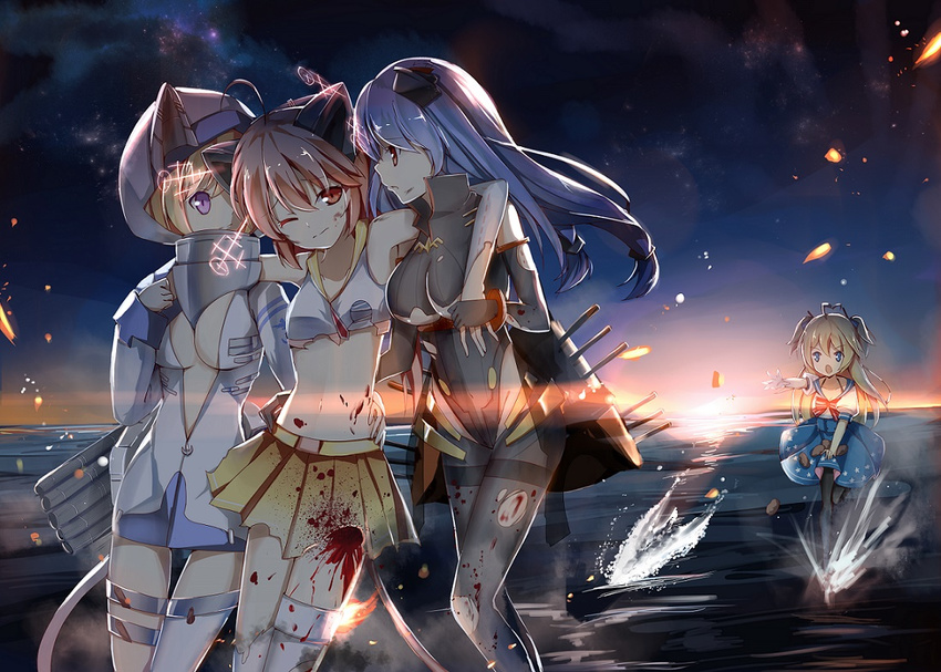 blonde_hair blood blue_eyes blue_hair breasts fletcher group helena jacknavy jpeg_artifacts juno long_hair o'bannon purple_eyes red_eyes red_hair skirt sky water zhanjian_shaonu