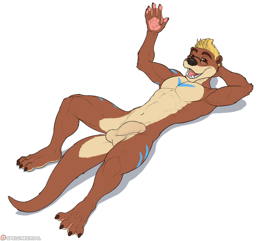 4_toes 5_fingers abs athletic balls barefoot black_nose blonde_hair blue_fur brown_eyes brown_fur claws featureless_chest fingers fur hair half-erect humanoid_penis lying male mammal markings multicolored_fur mustelid navel nude on_back open_mouth otter pawpads pecs penis smile spelunker_sal tan_fur teeth toe_claws toes two_tone_fur uncut waving webbed_feet webbed_hands