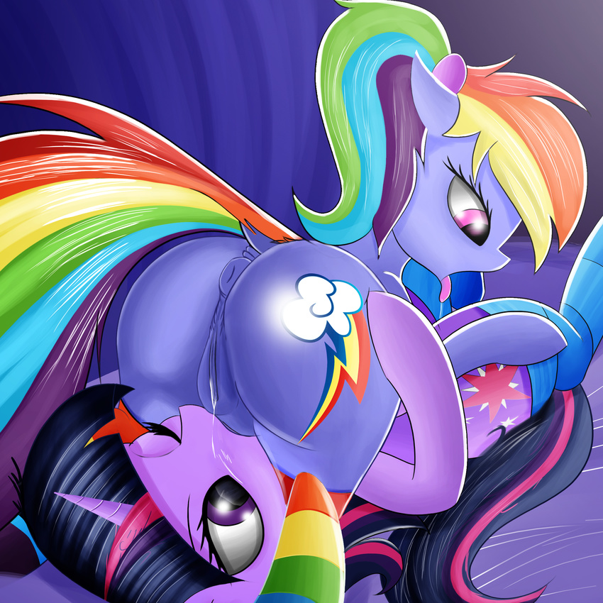 69_position anus butt clothing cunnilingus cutie_mark duo equine female female/female feral friendship_is_magic hair half-closed_eyes horn legwear mammal mammmal multicolored_hair my_little_pony one_eye_closed open_mouth oral pegasus purple_eyes purple_hair pussy pussy_juice rainbow_dash_(mlp) sex stockings tongue tongue_out twilight_sparkle_(mlp) twiren unicorn vaginal wings