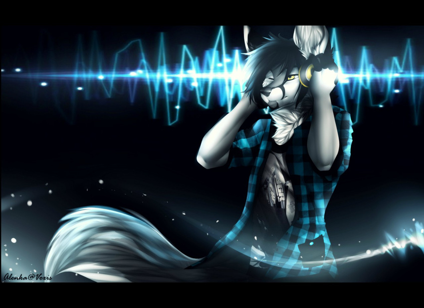 abstract_background alenkavoxis anthro canine clothed clothing fluffy fluffy_tail fur headphones male mammal music one_eye_closed solo wolf