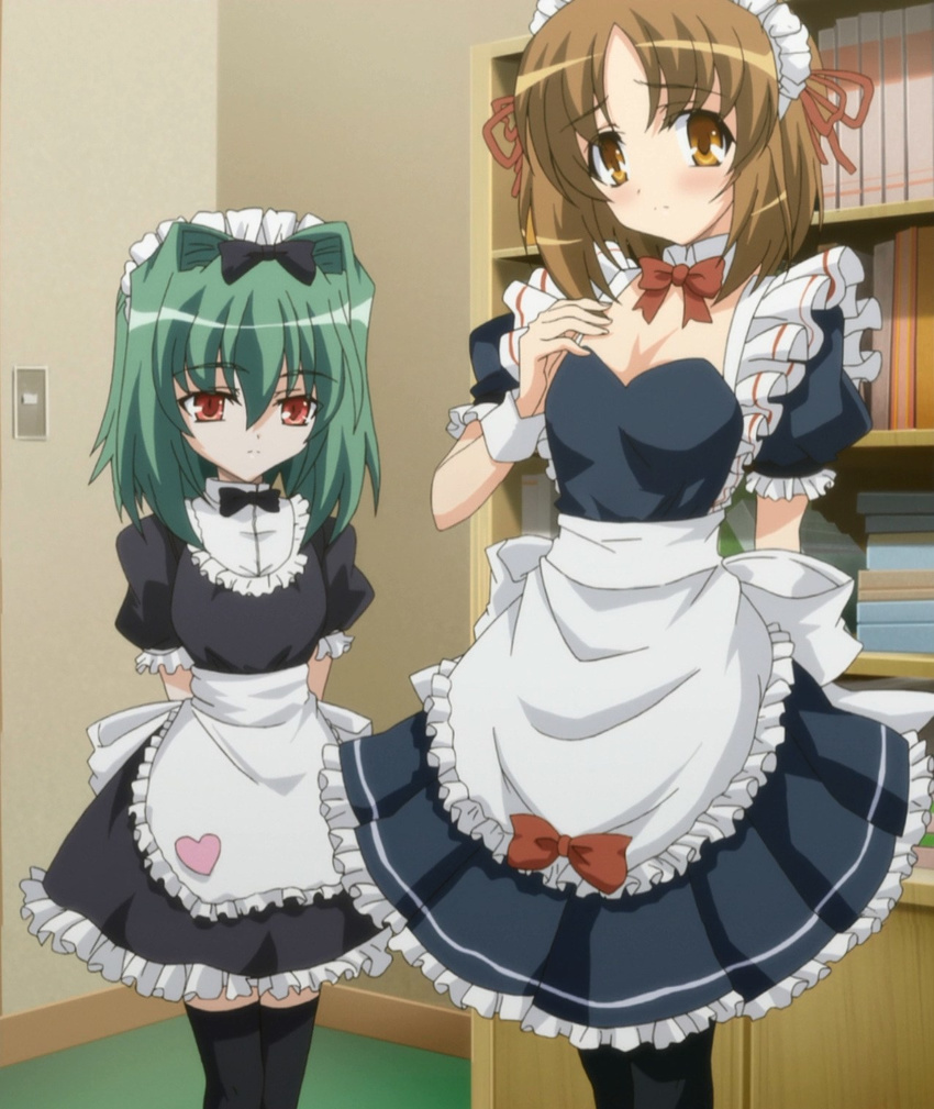 breasts brown_eyes brown_hair cleavage green_hair highres kuzaki_rinko maid maid_headdress multiple_girls omamori_himari red_eyes screencap shizuku_(omamori_himari) short_hair thighhighs