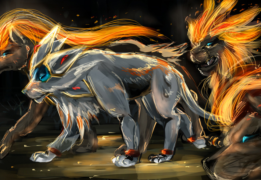 black_fur blue_eyes closed_eyes full_body gen_6_pokemon gen_7_pokemon glowing glowing_eyes lion mane no_humans pokemon pokemon_(creature) pokemon_(game) pokemon_sm pokemon_xy pyroar sketch solgaleo solo_focus standing whiskers white_fur