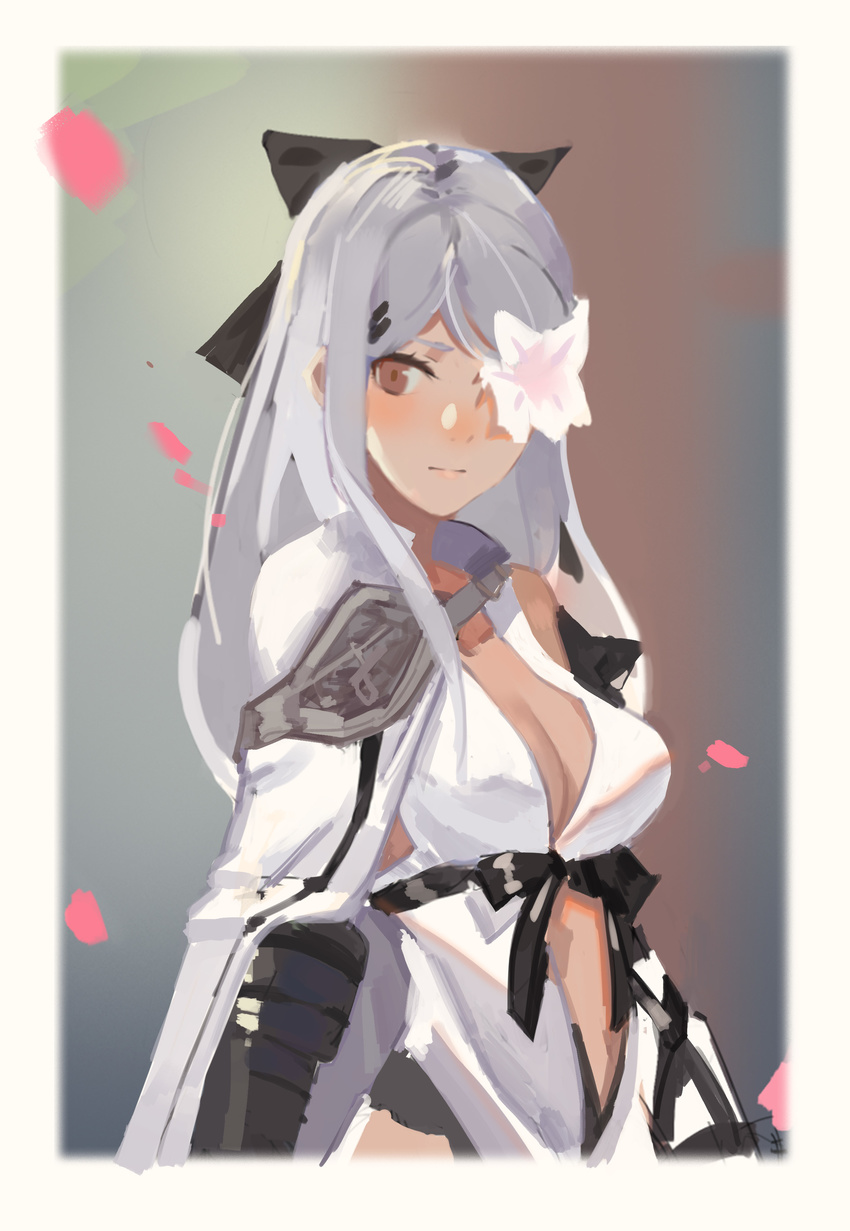 absurdres bow breasts brown_eyes cleavage drag-on_dragoon drag-on_dragoon_3 dress flower flower_eyepatch gauntlets hair_bow highres ikz97 long_hair medium_breasts petals solo white_hair zero_(drag-on_dragoon)