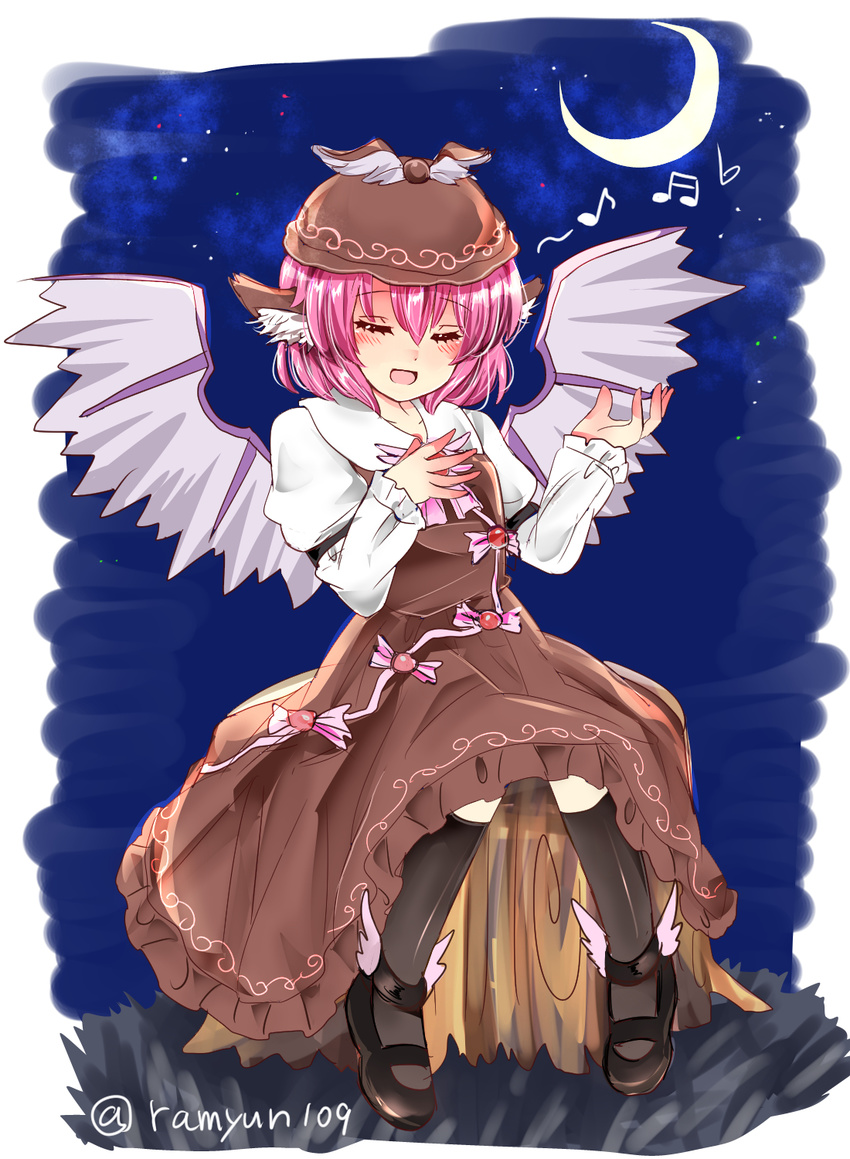 :d animal_ears arm_garter beamed_sixteenth_notes bird_wings black_footwear black_legwear blush brown_dress closed_eyes commentary_request crescent_moon dress eighth_note flat_sign full_body hat highres juliet_sleeves long_sleeves mary_janes mob_cap moon music musical_note mystia_lorelei open_mouth pink_hair puffy_sleeves ramudia_(lamyun) shoes short_hair singing smile socks solo touhou twitter_username winged_shoes wings