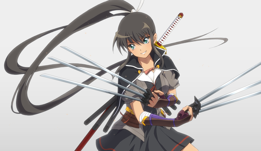 &gt;:) aqua_eyes armor black_cape black_hair black_serafuku breasts cape commentary_request cowboy_shot dress dual_wielding floating_hair hair_ribbon highres holding holding_sword holding_weapon homura_(senran_kagura) jacket japanese_armor katana kote long_hair looking_away medium_breasts mokkei neck_ribbon open_clothes open_jacket parted_lips ponytail puffy_short_sleeves puffy_sleeves red_ribbon ribbon sailor_dress scabbard school_uniform senran_kagura serafuku sheath short_dress short_sleeves sidelocks smile solo sweater_jacket sword unsheathed v-shaped_eyebrows very_long_hair weapon weapon_on_back white_ribbon