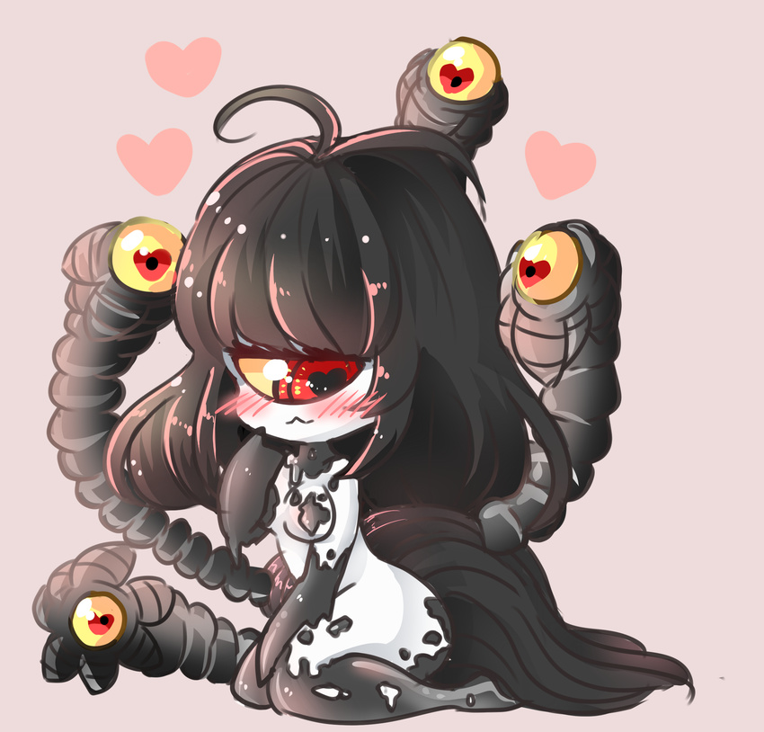 :3 absurdres antenna_hair black_hair blush chibi cyclops extra_ears gazer_(monster_girl_encyclopedia) grey_skin heart heart-shaped_pupils highres long_hair looking_at_viewer looking_away monster_girl monster_girl_encyclopedia one-eyed pink_background red_eyes simple_background sitting solo sparkstea symbol-shaped_pupils tail tentacles yellow_sclera