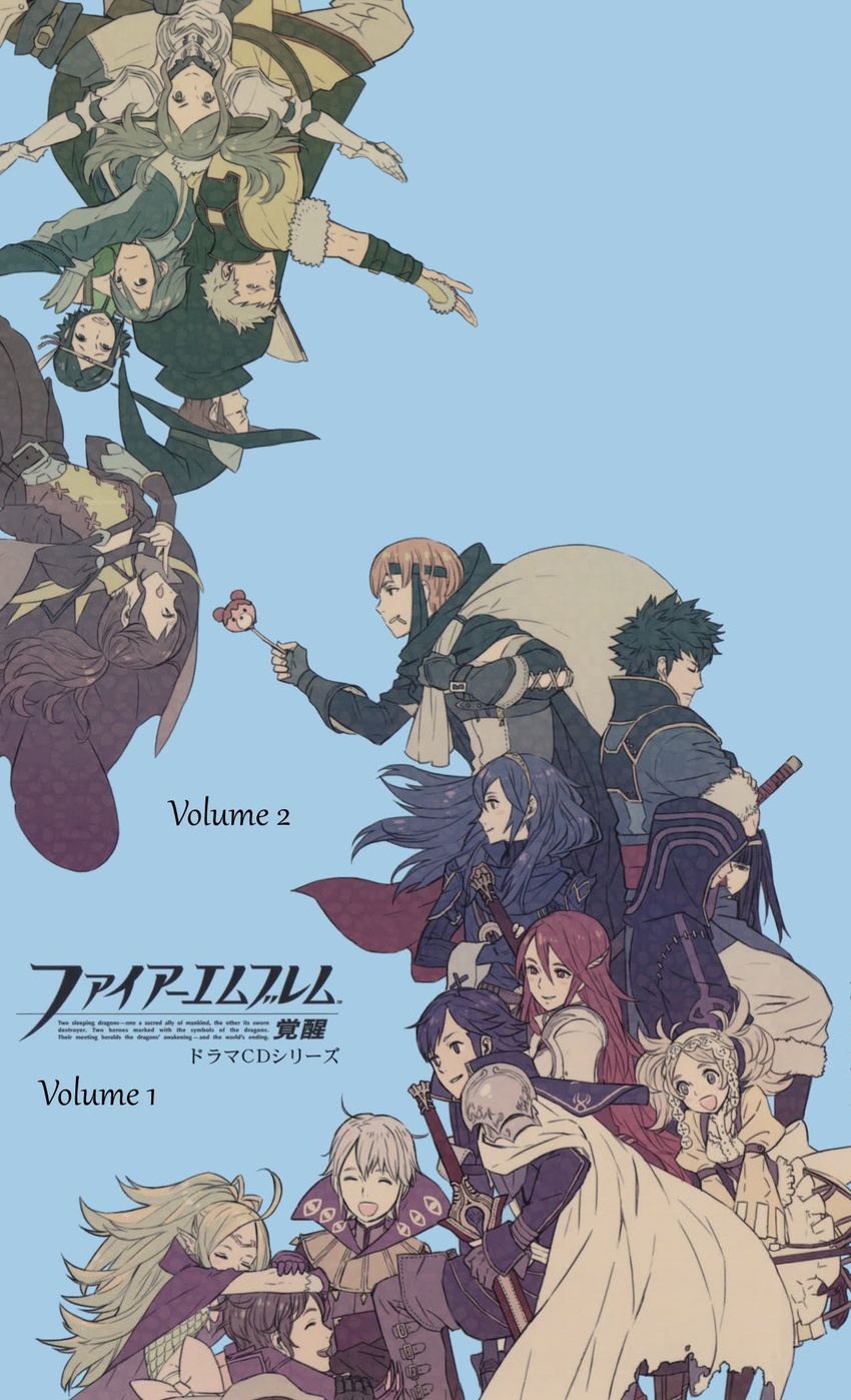 anna_(fire_emblem) armor azur_(fire_emblem) blonde_hair blue_background blue_hair brown_hair candy cape cloak closed_eyes cynthia_(fire_emblem) eudes_(fire_emblem) fire_emblem fire_emblem:_kakusei food gaia_(fire_emblem) gauntlets glasses gloves hair_ornament hat henry_(fire_emblem) highres hood hooded_cloak jewelry krom laurent liz_(fire_emblem) lollipop long_hair lucina male_my_unit_(fire_emblem:_kakusei) mamkute multiple_boys multiple_girls my_unit_(fire_emblem:_kakusei) noire_(fire_emblem) nono_(fire_emblem) open_clothes red_hair ronku sentai short_hair simple_background sleeping smile solt_(fire_emblem) sword tharja tiamo tiara weapon white_hair