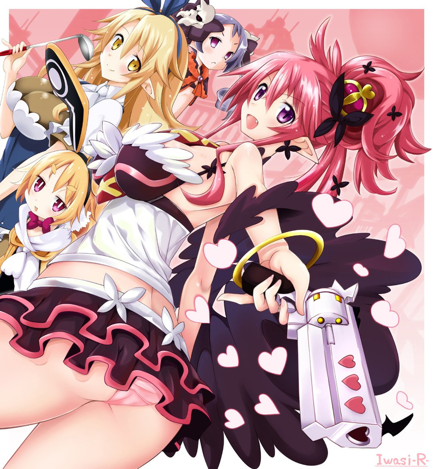 animal_ears artist_name blonde_hair bow bowtie bracelet breasts bunny_earmuffs bunny_ears cleavage crown disgaea eyebrows_visible_through_hair gun handgun highres iwasi-r jewelry large_breasts liezerota looking_at_viewer majorita_(disgaea) makai_senki_disgaea_5 microskirt multiple_girls open_mouth panties pink_hair pink_panties pointy_ears ponytail purple_eyes purple_hair red_eyes revolver scarf seraphina_(disgaea) short_eyebrows short_hair skirt skull smile thick_eyebrows twintails underwear usalia_(disgaea) weapon white_scarf