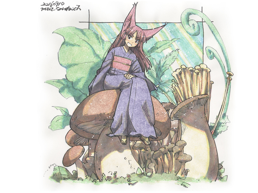 2016 animal_ears artist_name blue_kimono blush commentary_request dated day fox_ears fungus grass hand_on_lap japanese_clothes kimono light_rays long_hair long_sleeves looking_at_viewer meiz minigirl mushroom obi open_mouth original pink_hair red_eyes sash sitting smile solo tabi traditional_media watercolor_(medium) wide_sleeves zouri