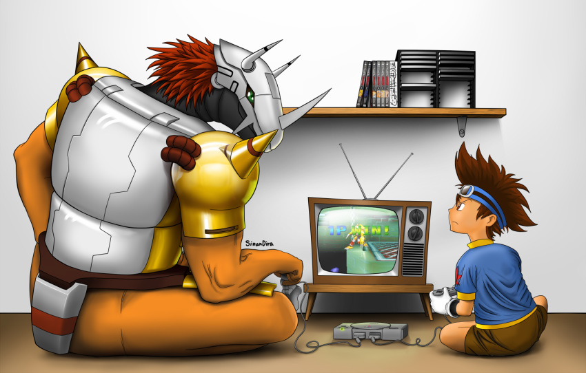 angry case digimon digimon_(species) hair human mammal monster orange_skin playstation red_hair sinandira smile sony taichi_kamiya television video_games wargreymon