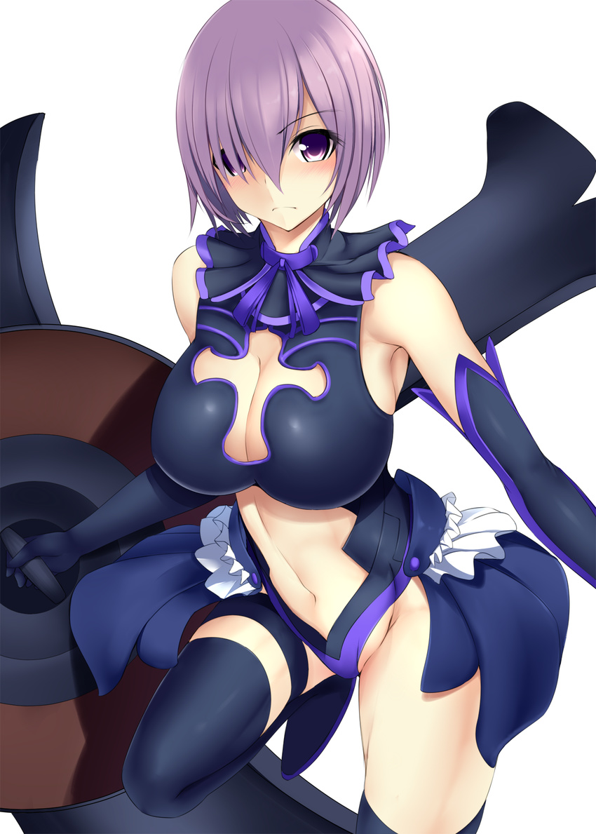 &gt;:( adapted_costume armpits bare_shoulders black_footwear black_gloves black_legwear black_leotard black_skirt blush boots breasts cleavage cleavage_cutout closed_mouth cowboy_shot elbow_gloves eyebrows eyebrows_visible_through_hair fate/grand_order fate_(series) frills frown gloves groin hair_over_one_eye halterneck highres holding holding_shield large_breasts lavender_hair leg_lift legs_apart leotard looking_at_viewer magical_girl mash_kyrielight miniskirt navel navel_cutout outstretched_arms pleated_skirt purple_eyes purple_ribbon ribbon serious shield short_hair showgirl_skirt simple_background skirt solo spread_arms standing standing_on_one_leg sukage thigh_boots thigh_strap thighhighs v-shaped_eyebrows white_background