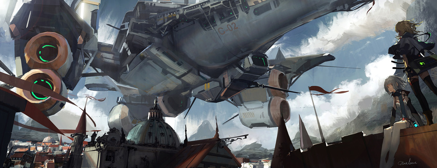 aircraft airship blonde_hair boots brown_eyes brown_hair capelet city cloud day detached_sleeves dome engine grey_hair highres md5_mismatch multiple_girls novelance original profile science_fiction sitting sky standing thigh_boots thighhighs white_hair wind