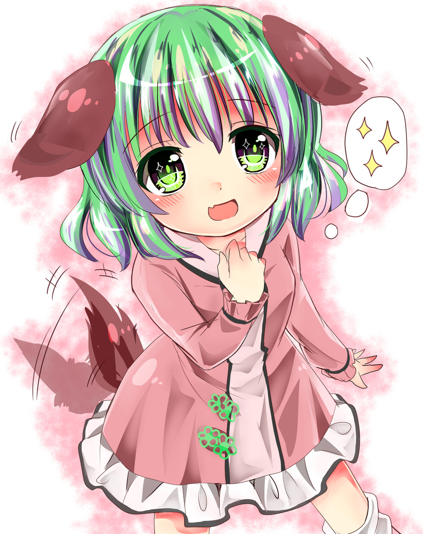 :d animal_ears blush commentary_request dog_ears dog_girl dress dutch_angle ear_wiggle fang from_above green_eyes green_hair highres kasodani_kyouko long_sleeves looking_at_viewer open_mouth pink_dress ramudia_(lamyun) short_hair smile solo spoken_sparkle tail_wagging touhou