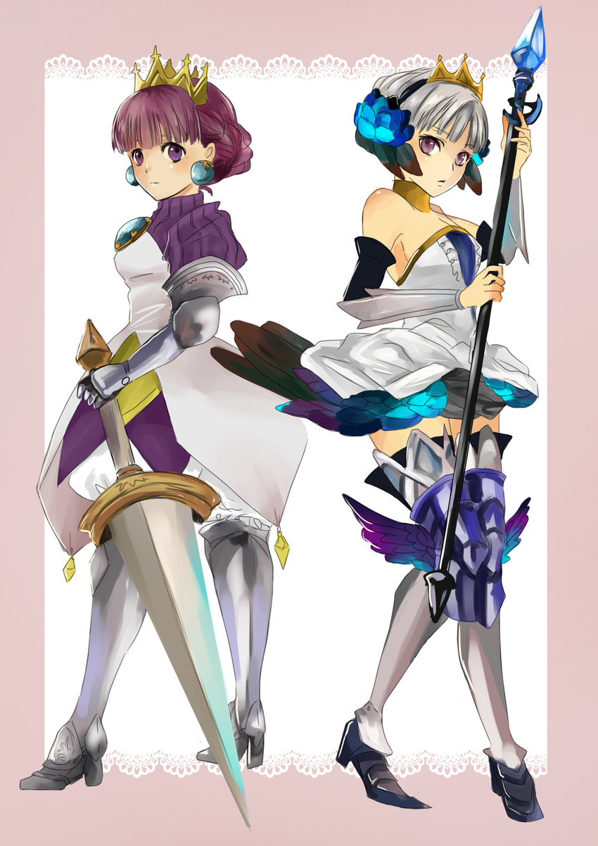 armor armored_dress bare_shoulders blue_eyes brooch crossover crown detached_sleeves dress earrings full_body gauntlets gorget gradriel greaves gwendolyn hayame_(m_ayame) highres jewelry look-alike multiple_girls odin_sphere polearm princess_crown puffy_sleeves purple_eyes purple_hair short_hair silver_hair spear strapless strapless_dress sword vambraces weapon