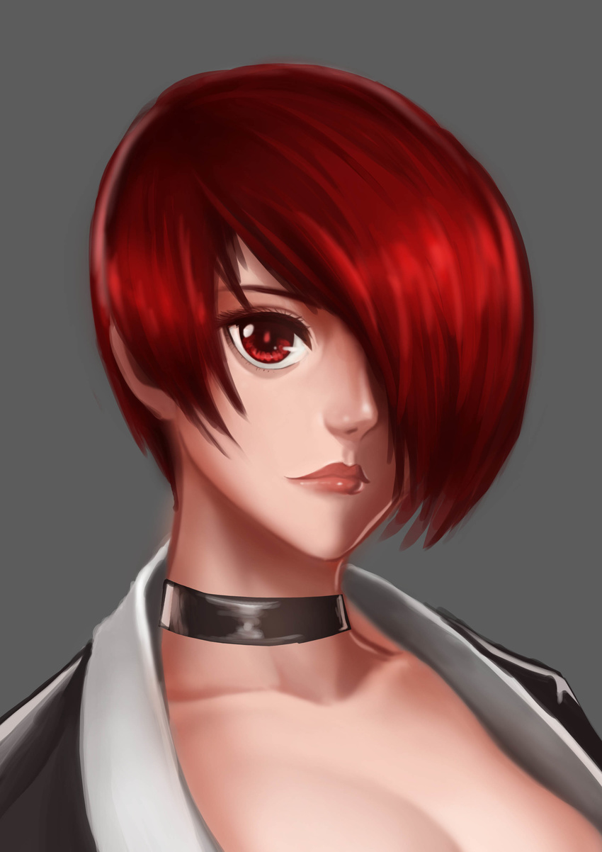 absurdres breasts choker cleavage eyelashes genderswap genderswap_(mtf) grey_background hair_over_one_eye highres lips lipstick makeup nose oroo portrait red_eyes red_hair short_hair solo the_king_of_fighters yagami_iori