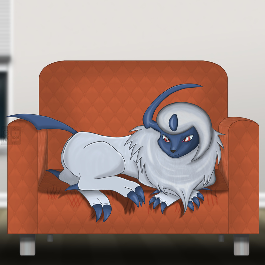 2016 3ds absol ambiguous_gender black_nose blue_claws blue_skin butt claws english_text feral fur gamemaniac grey_fur inside living_room looking_at_viewer lying nintendo nude pok&eacute;mon real red_eyes smile sofa solo text tuft video_games watermark white_fur window