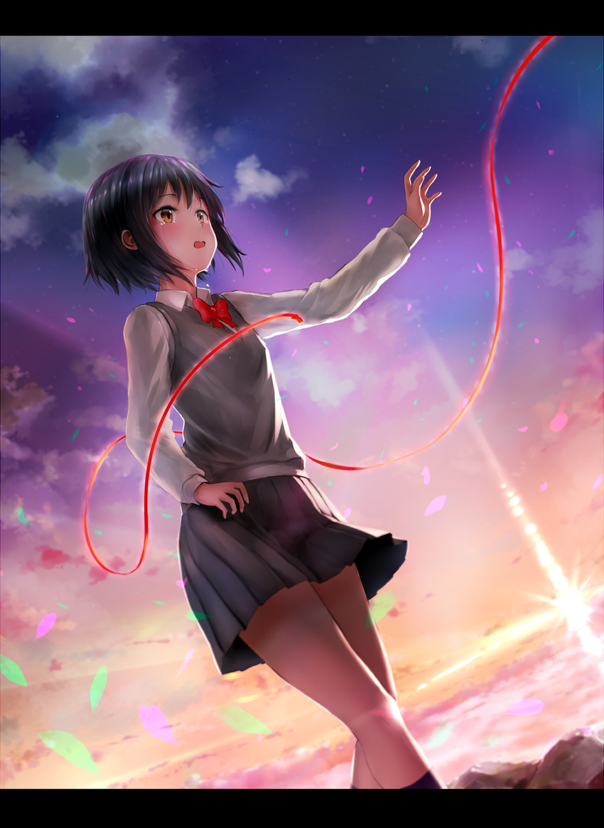 black_hair black_legwear black_skirt bow bowtie brown_eyes diffraction_spikes from_below highres kachayori kimi_no_na_wa letterboxed long_sleeves miyamizu_mitsuha pleated_skirt reaching_out red_bow red_neckwear red_ribbon ribbon school_uniform short_hair skirt solo spoilers