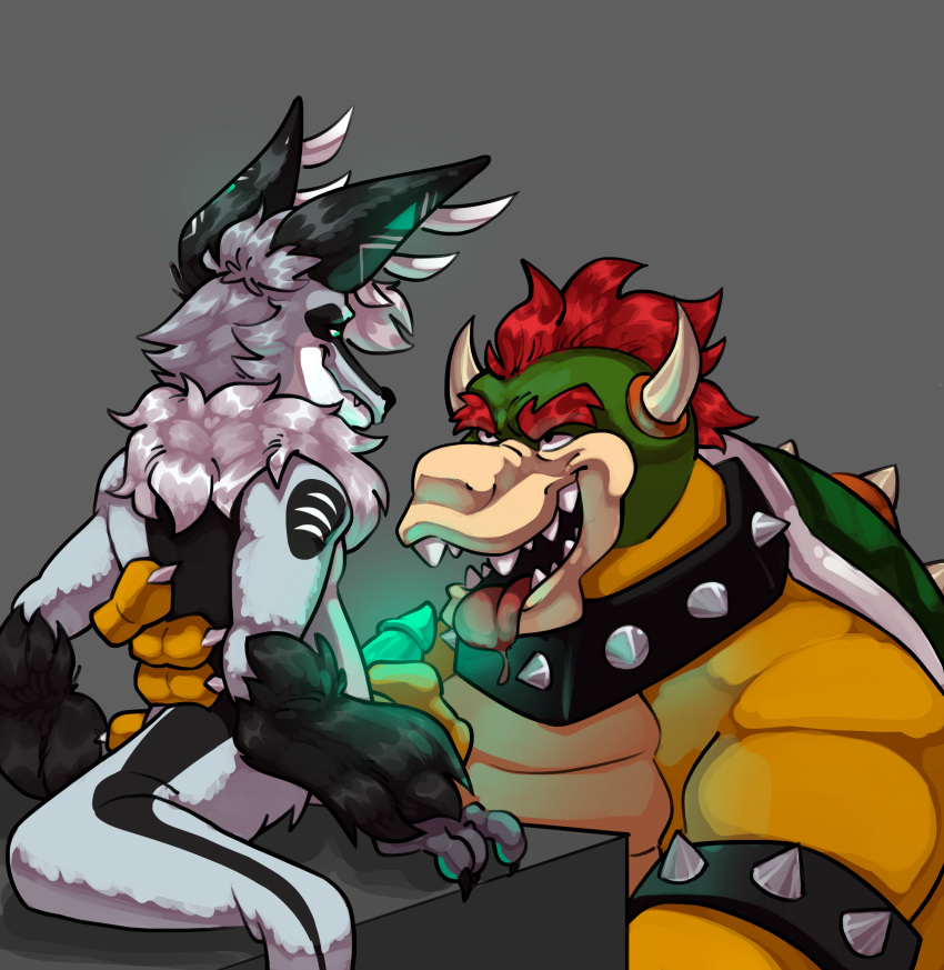 anthro bowser claws collar digital_media_(artwork) doost duo erection fur hair hi_res horn keldric_usugi koopa male male/male mario_bros nintendo open_mouth oral penis scalie sex simple_background smile spikes teeth tongue tongue_out video_games