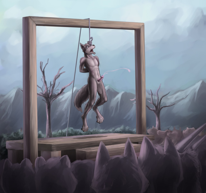 2016 4_toes anthro asphyxiation bound canine choking crowd crying cum cumshot dead_tree detailed_background digital_media_(artwork) dipingxiangtr.d ejaculation execution fur gallows grey_fur group hands-free hands_behind_back hands_tied hanged hi_res humanoid_penis imminent_death landscape male mammal mountain noose nude open_mouth orgasm outside penis pink_penis rope sky snuff solo_focus tears toes tree wide_eyed wolf