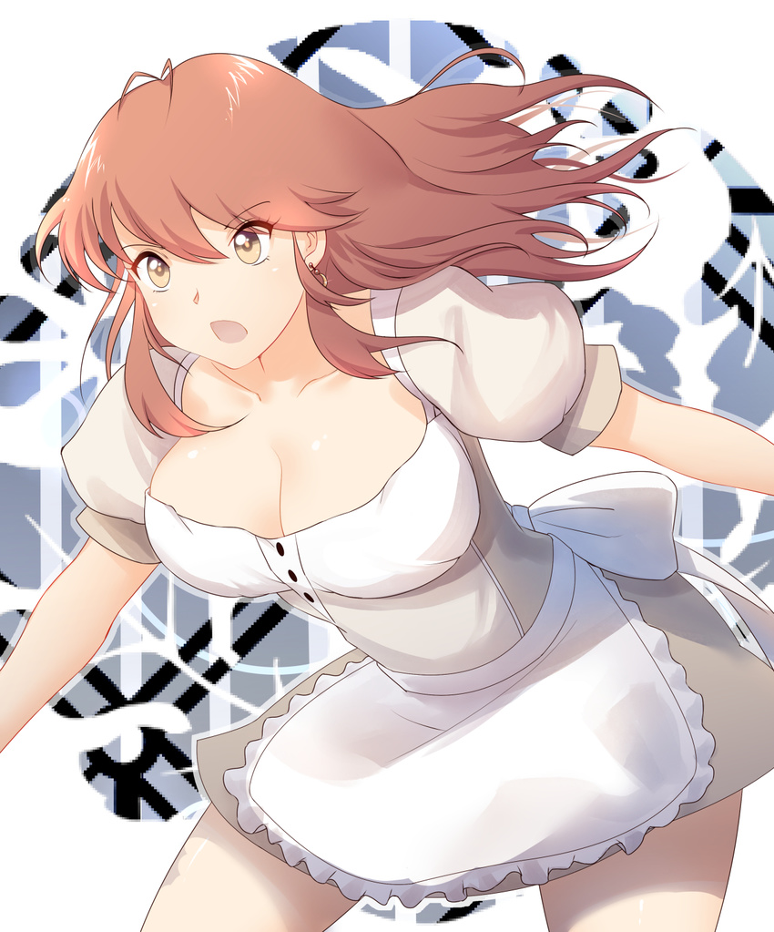 apron bad_id bad_pixiv_id bangs beige_dress breasts brown_eyes brown_hair cleavage collarbone cowboy_shot dress earrings eyes_visible_through_hair hair_between_eyes highres jewelry large_breasts looking_afar open_mouth original shiny shiny_hair shiny_skin short_dress short_sleeves solo thighs waist_apron waitress x&amp;x&amp;x