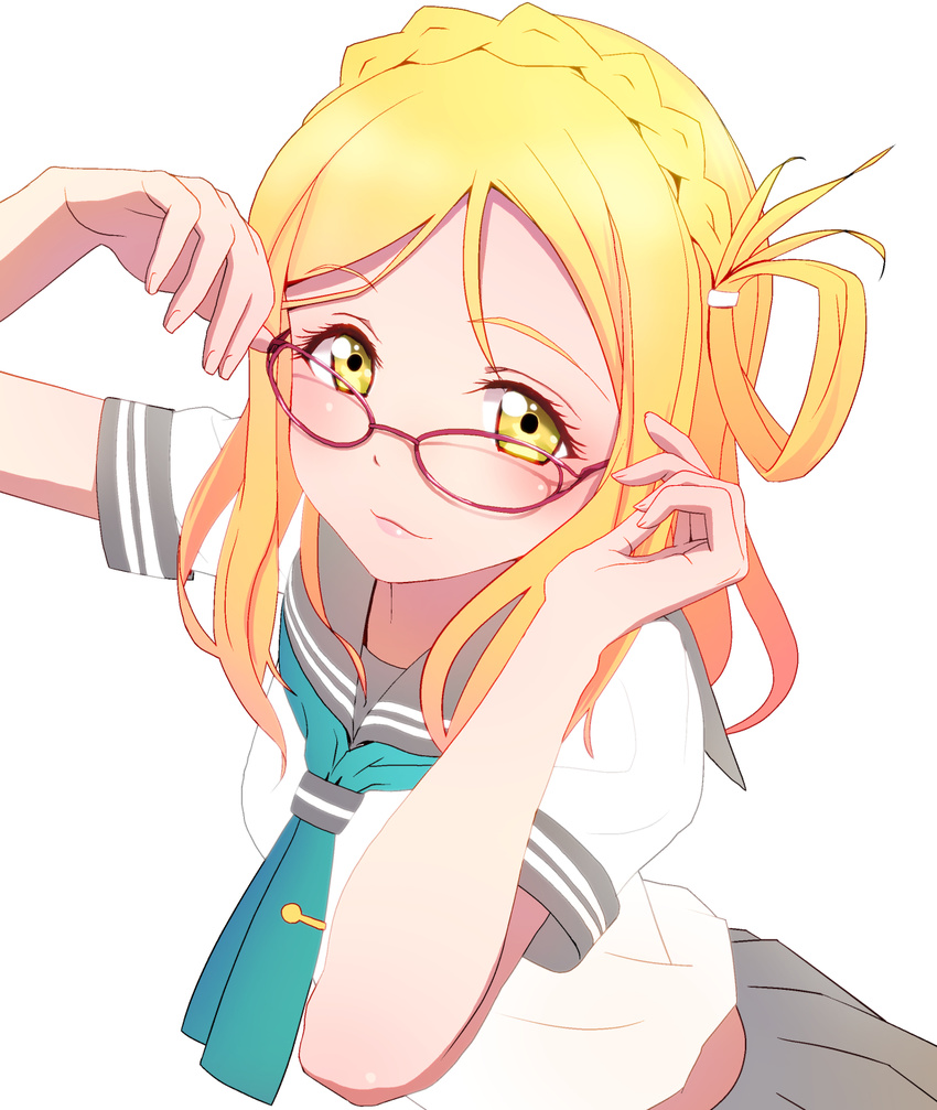 :3 bespectacled blonde_hair braid crown_braid glasses hair_ornament hair_rings hairpin hand_on_eyewear highres looking_at_viewer love_live! love_live!_sunshine!! mocha_(snowflake) neckerchief ohara_mari red-framed_eyewear scarf school_uniform serafuku short_sleeves simple_background skirt solo tie_clip uranohoshi_school_uniform white_background yellow_eyes