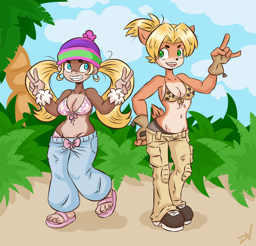 2016 anthro bandicoot beach big_breasts bikini blonde_hair blue_eyes breasts cleavage clothed clothing coco_bandicoot crash_bandicoot crash_bandicoot_(series) donkey_kong_(series) duo ear_piercing female funky_badger fur green_eyes hair hat humanoid mammal marsupial monkey nintendo open_mouth piercing pigtails ponytail primate seaside swimsuit tiny_kong video_games