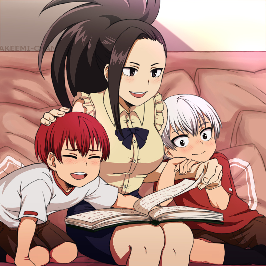 2boys akeemi-chan artist_name black_eyes black_legwear blush boku_no_hero_academia book book_on_lap bow brothers couch highres if_they_mated long_hair mother_and_son multiple_boys on_couch patting pillow red_hair red_shirt shiny shiny_hair shirt short_hair short_sleeves siblings sitting skirt smile socks t-shirt white_hair white_shirt yaoyorozu_momo