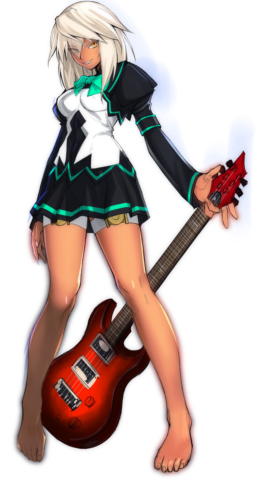 absurdres alternate_costume barefoot breasts dark_skin electric_guitar full_body grin guilty_gear guilty_gear_xrd guitar highres instrument juliet_sleeves long_hair long_sleeves looking_at_viewer medium_breasts miniskirt puffy_sleeves ramlethal_valentine school_uniform sharp_teeth simple_background skirt smile solo teeth tetsu_(kimuchi) thigh_strap white_background white_hair yellow_eyes