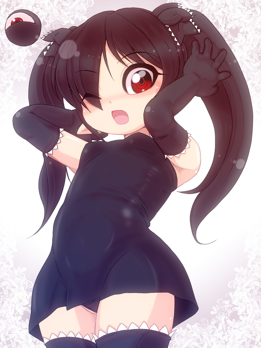 1girl beako black_dress black_gloves black_hair black_legwear black_panties child dress elbow_gloves eyebrows eyebrows_visible_through_hair eyes_visible_through_hair female gegege_no_kitarou hair_ornament long_hair long_twintails looking_at_viewer one_eye_closed panties pantyshot pointy_ears standing torotei twintails underwear wink