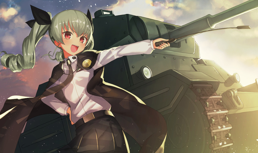anchovy anzio_school_uniform belt black_neckwear black_ribbon black_skirt blush cape carro_armato_p40 ccaw commentary_request drill_hair emblem girls_und_panzer green_hair ground_vehicle hand_on_hip long_hair long_sleeves military military_vehicle motor_vehicle necktie open_mouth pleated_skirt red_eyes ribbon riding_crop shirt shoulder_belt skirt smile solo tank twin_drills twintails uniform white_shirt