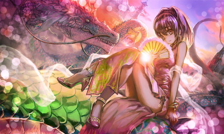 anklet architecture bare_arms bare_shoulders bracelet china_dress chinese_clothes crossed_legs dragon dragon_print dress earrings east_asian_architecture eastern_dragon expressionless fan folding_fan green_eyes hagoromo hair_intakes high_heels holding holding_fan jewelry knees_up leaning_back looking_at_viewer original outdoors purple_hair red_eyes ryuuka_anmoraito sharp_teeth shawl short_hair sitting sitting_on_animal slit_pupils star star_earrings sunset teeth