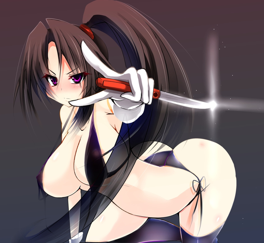 1girl areola_slip areolae ass bent_over bikini black_bikini black_legwear black_swimsuit breasts brown_hair erect_nipples female gloves kantai_collection knife kouseki0024 large_breasts long_hair long_ponytail looking_at_viewer nachi_(kantai_collection) ponytail purple_eyes solo standing string_bikini swimsuit thighhighs very_long_hair weapon white_gloves