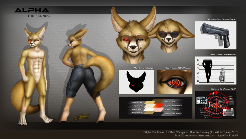 alphalupi anthro canine cargo_shorts cybernetic_eye cybernetics desert_eagle digital_media_(artwork) eyewear fennec fox futuristic gun handgun hud logo looking_back machine male mammal model_sheet nude pistol ranged_weapon sannamy short silhouette solo sunglasses technology weapon