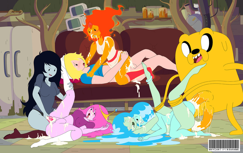 adventure_time canine cartoon_network clothing cum cum_in_mouth cum_in_pussy cum_inside cum_on_face dildo dog female female/female finn_the_human fire flame_princess human humanoid jake_the_dog legwear lying male male/female mammal marceline penetration princess_bubblegum sex_toy stockings vaginal vaginal_penetration vampire whycantifindaname