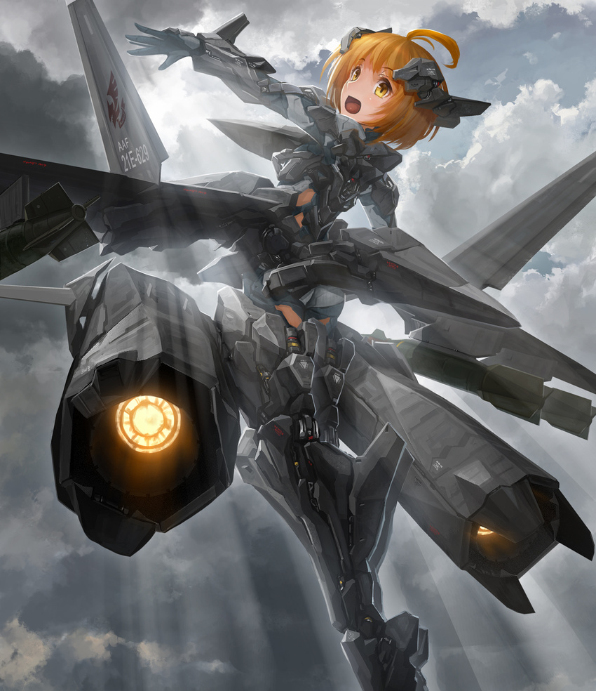 ace_combat ace_combat_x ahoge armor bodysuit boots brown_eyes brown_hair commentary_request from_behind gloves headgear highres looking_at_viewer looking_back machinery mecha_musume mechanical_wings open_mouth personification short_hair smile solo striker_unit thighhighs tom-neko_(zamudo_akiyuki) wings xfa-24a_apalis