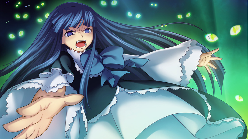 angry artist_request bangs blue_hair blunt_bangs bow dress eyes frederica_bernkastel frills game_cg highres lolita_fashion long_hair looking_at_viewer official_art open_mouth slit_pupils solo spoilers twilight_of_the_golden_witch umineko_no_naku_koro_ni