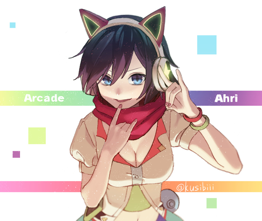 ahri alternate_costume animal_ears arcade_ahri bracelet breasts cleavage fox_ears headphones jewelry kushibi large_breasts league_of_legends midriff mole mole_under_eye multiple_tails nail_polish navel open_mouth purple_hair red_scarf scarf short_hair solo tail thighhighs twitter_username