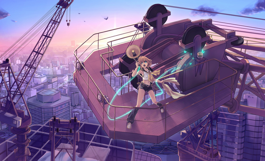 :o aqua_eyes bad_id bad_pixiv_id bangs bare_arms bird black_sailor_collar black_shorts blonde_hair bug building butterfly cable city cloud crane diffraction_spikes from_above glowing glowing_butterfly hair_ornament hairclip hand_up highres holding insect k2pudding kagamine_rin koi_wa_sensou_(vocaloid) leg_warmers megaphone midriff no_headwear open_mouth outdoors outstretched_hand sailor_collar screaming shadow short_hair shorts sky skyscraper sleeveless solo standing sunlight swept_bangs untied vocaloid yellow_neckwear